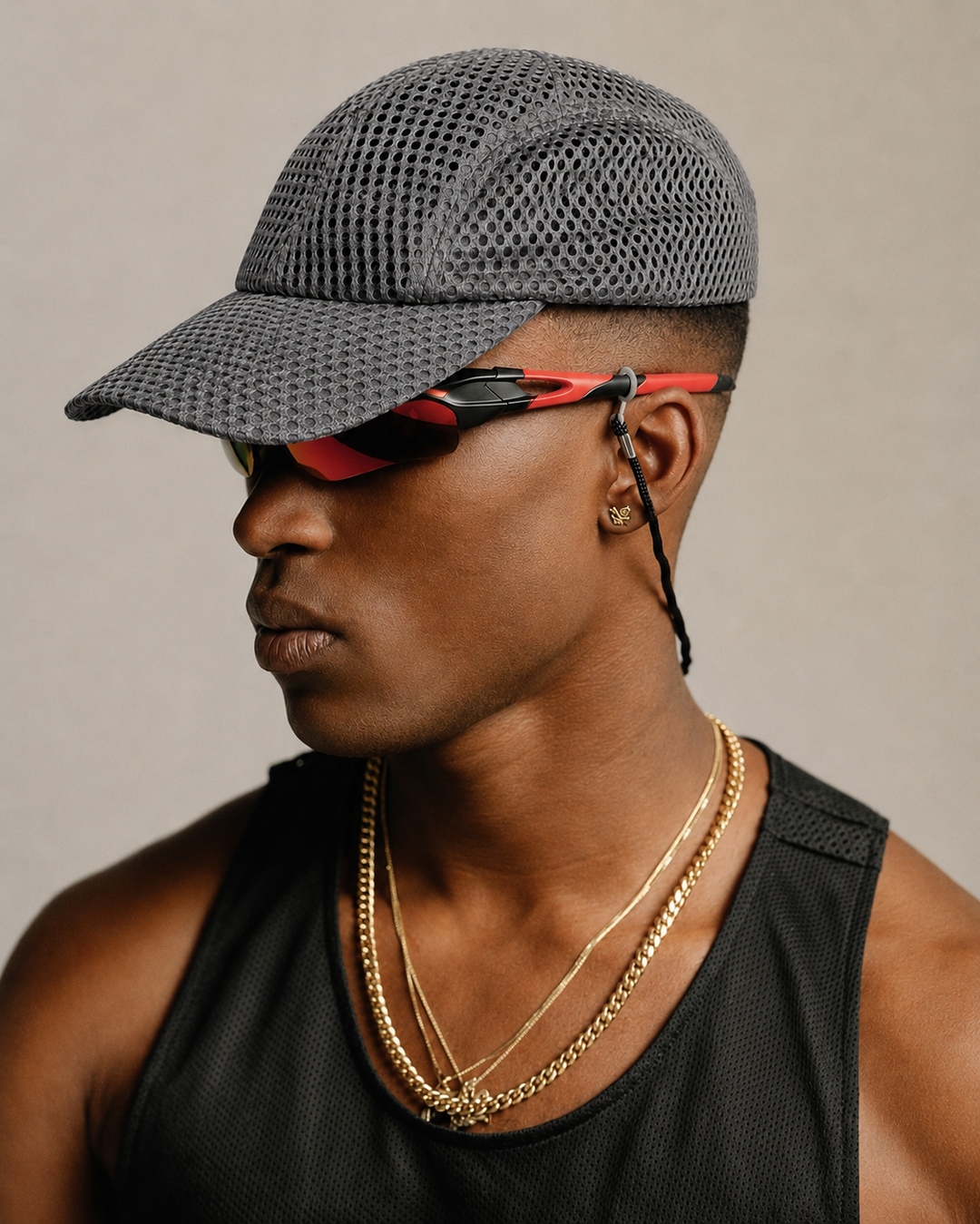 Mesh performance cap, editorial portrait