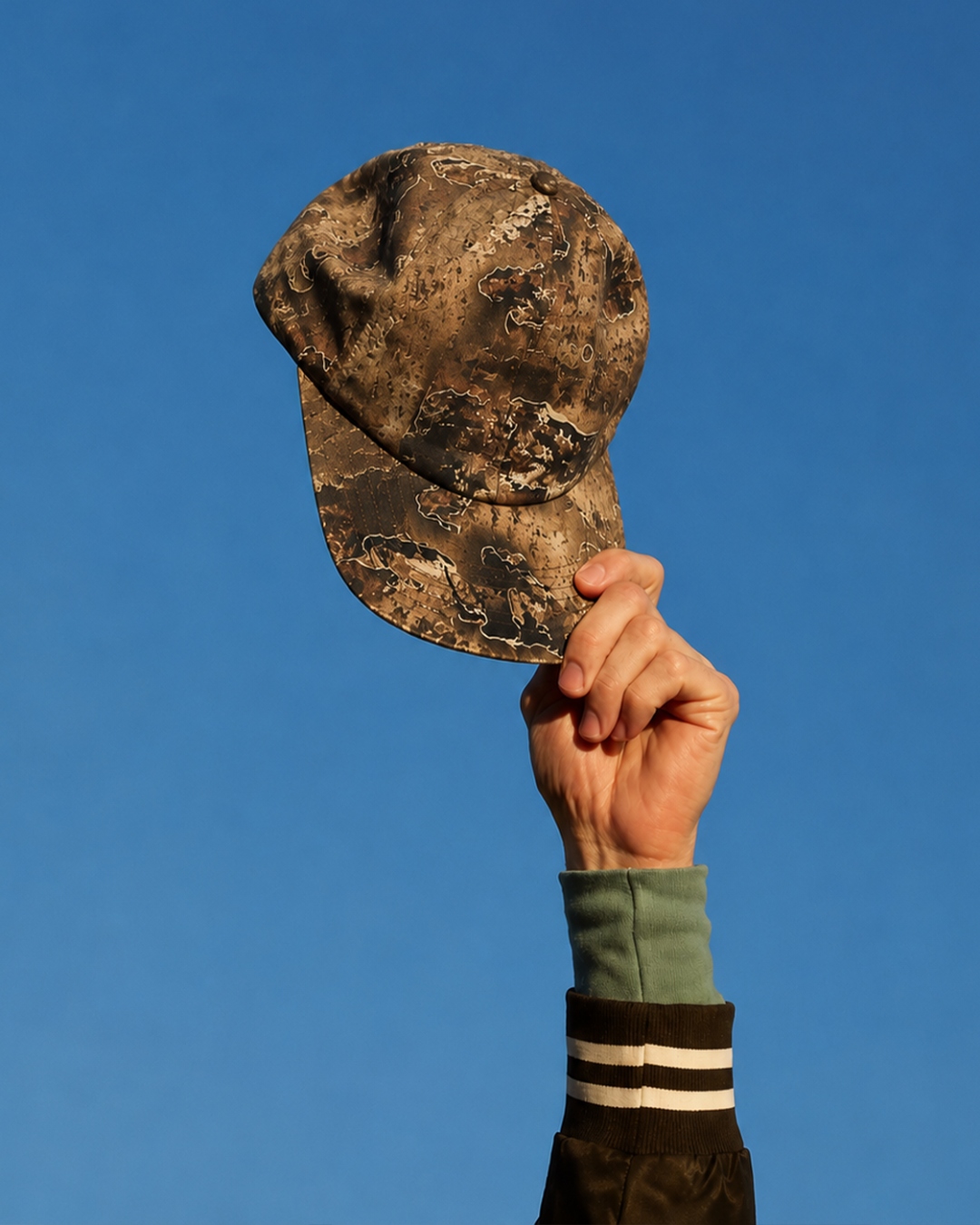 Roam — topo-print cap held against blue sky