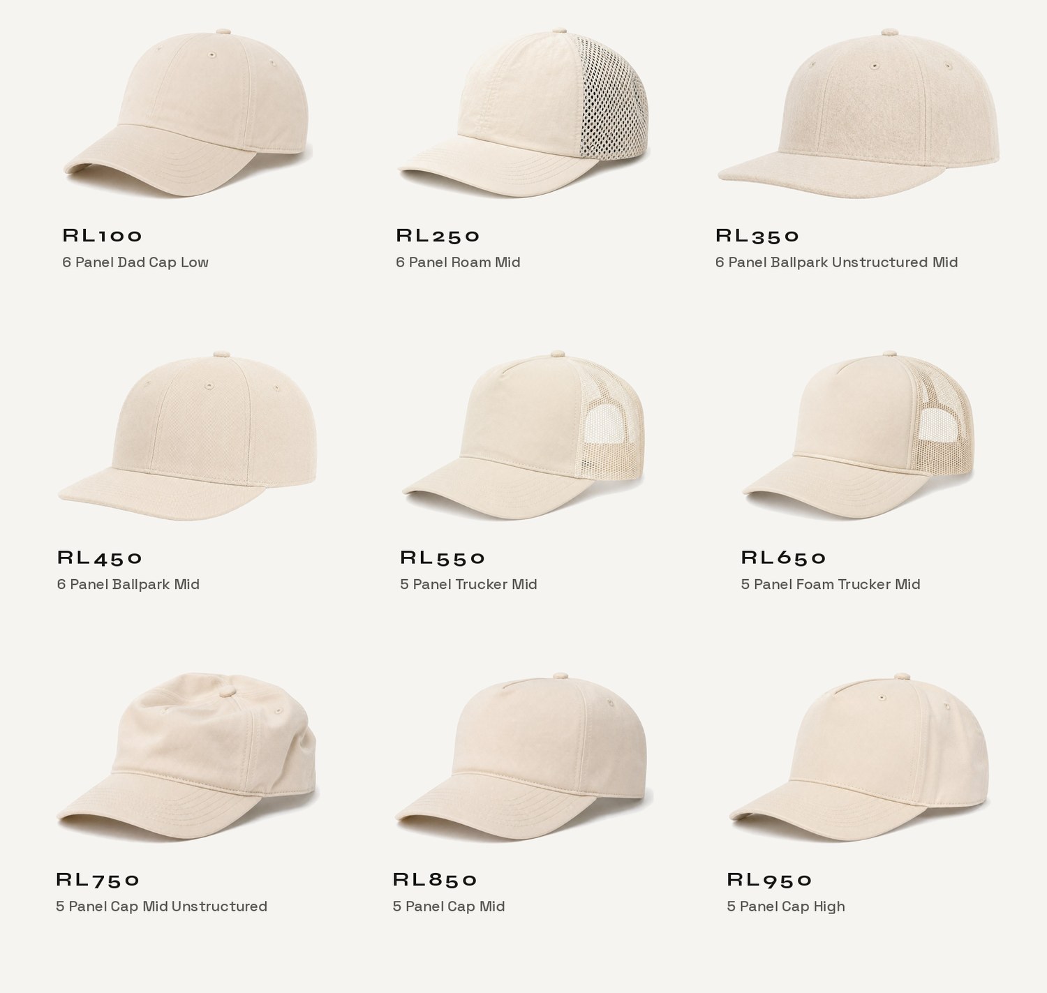 Nine foundation cap silhouettes — natural cotton sample grid
