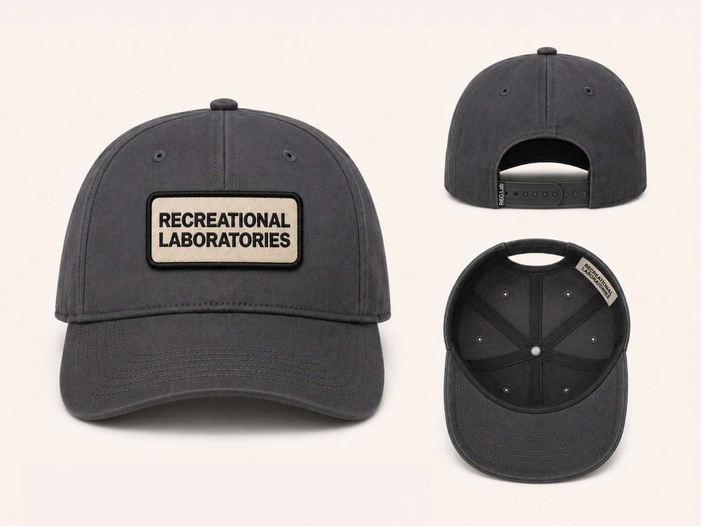 Charcoal washed-cotton six-panel baseball cap shown in three views — front with cream RECREATIONAL LABORATORIES woven patch, back with snapback closure and REC Lab tab, and interior with vertical RECREATIONAL LABORATORIES inside label